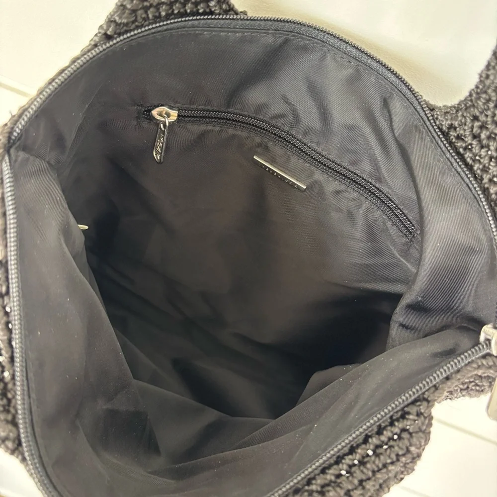The Sak Black Crochet Knit Handbag Satchel Tote Bag